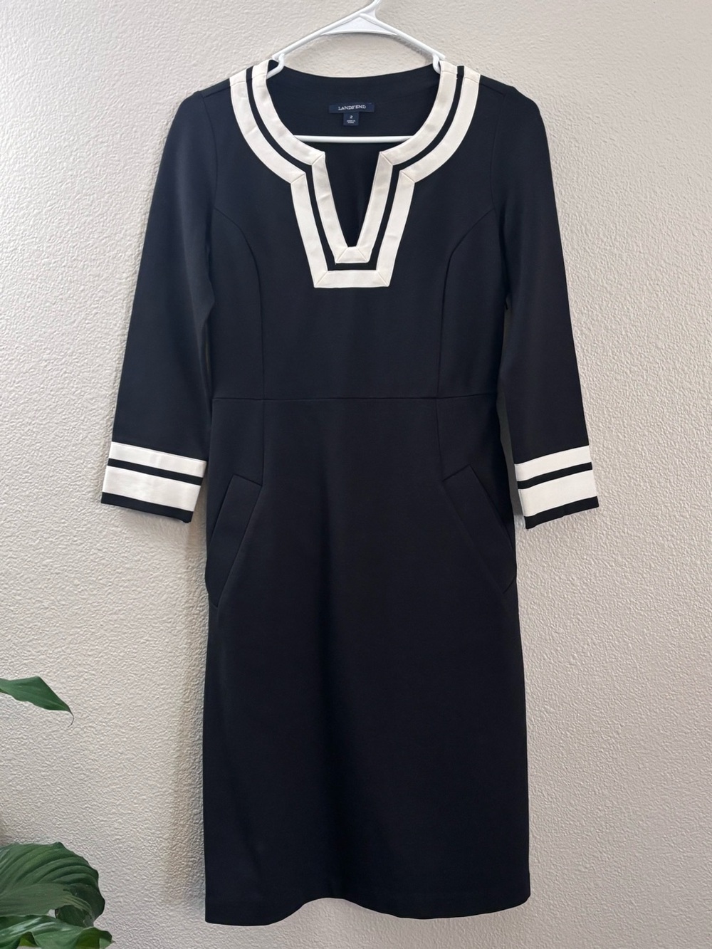 Lands End  Black Dress with Cream Trim Details